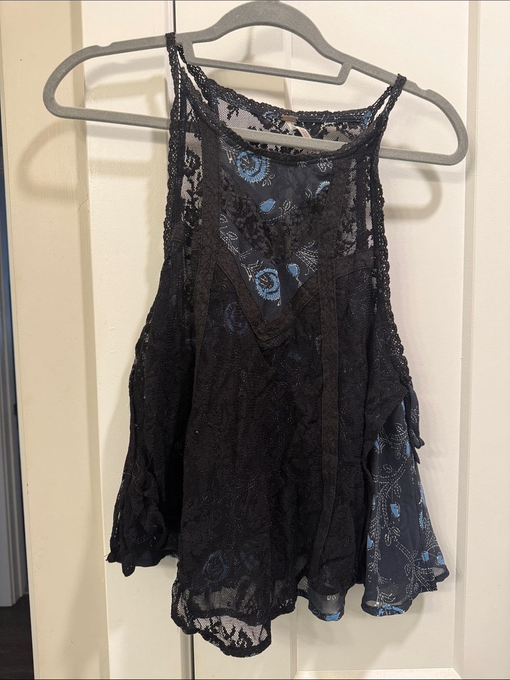 Free People Black Lace Overlay Tank with Navy Floral Lining